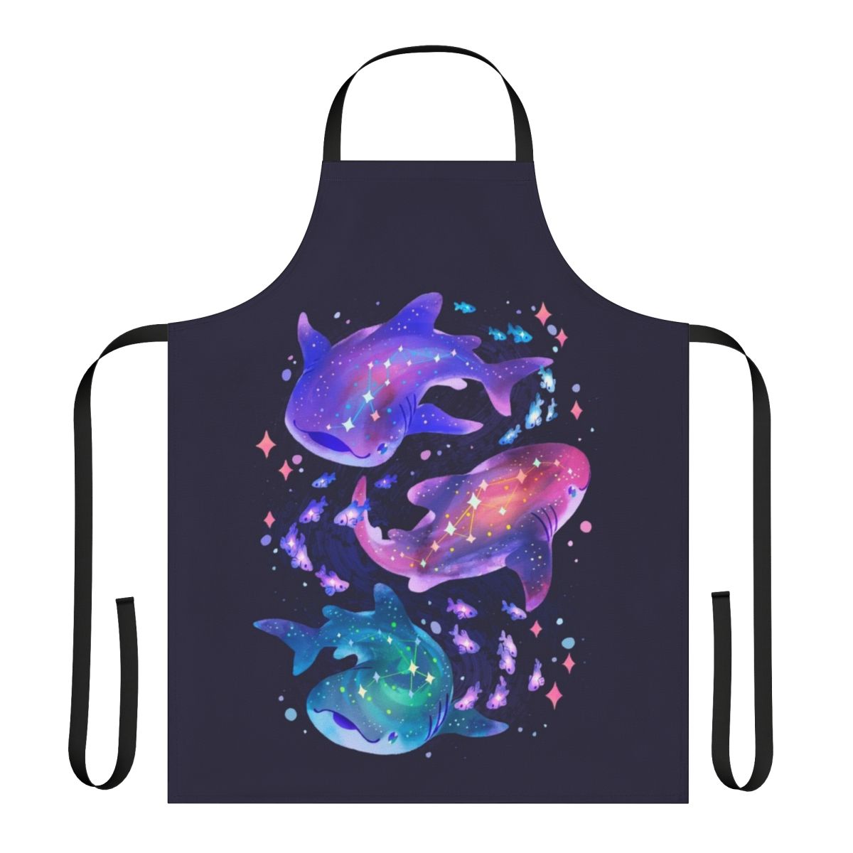 Cosmic whale shark design printed on a high-quality apron, featuring a unique space-themed pattern.