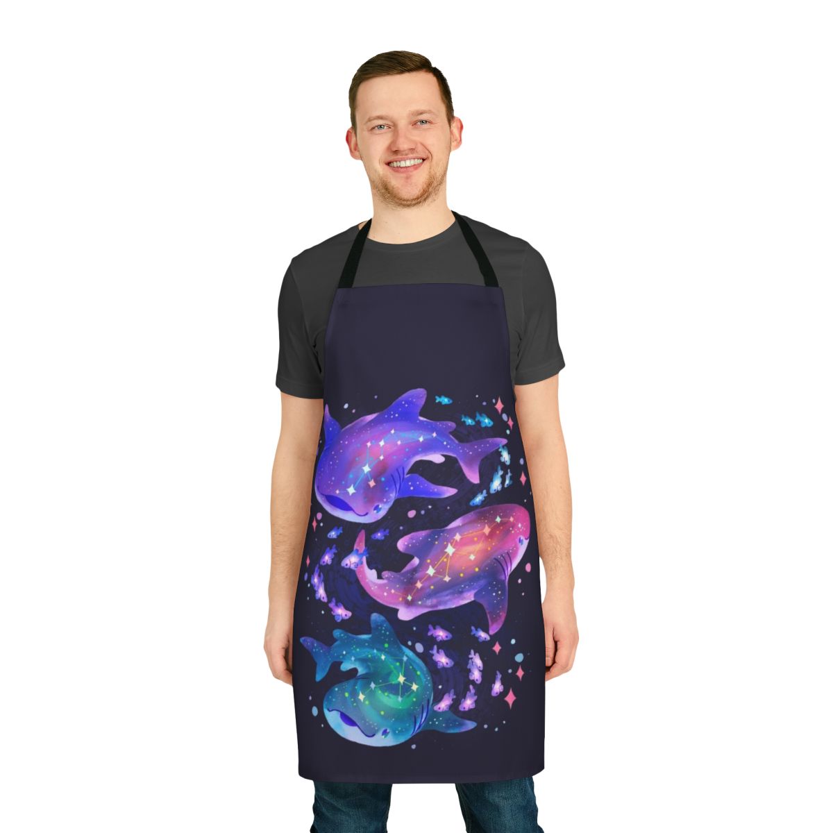 Cosmic whale shark design printed on a high-quality apron, featuring a unique space-themed pattern.