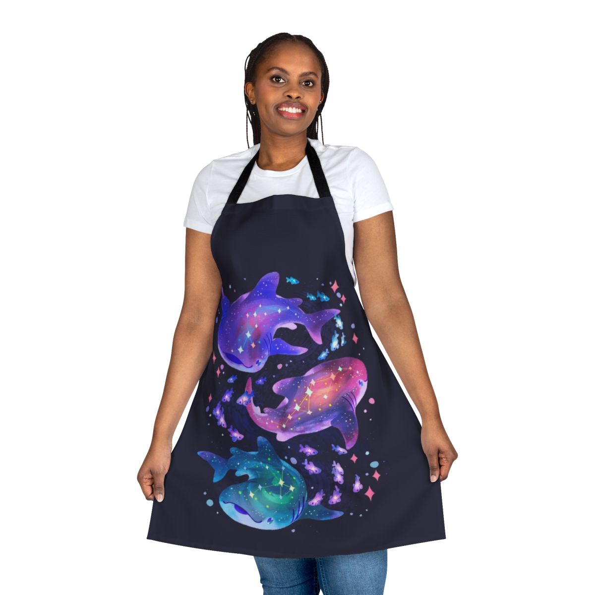 Cosmic whale shark design printed on a high-quality apron, featuring a unique space-themed pattern.