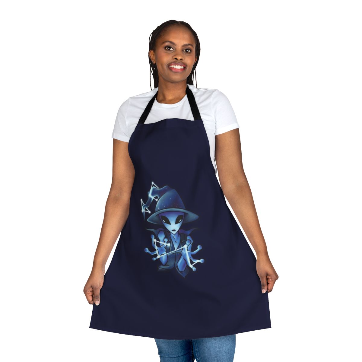 Galaxy-themed apron with alien witch design