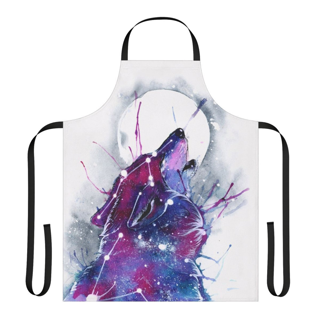 A high-quality apron featuring a vibrant galaxy and wolf design, perfect for cooking, baking, or any messy task.