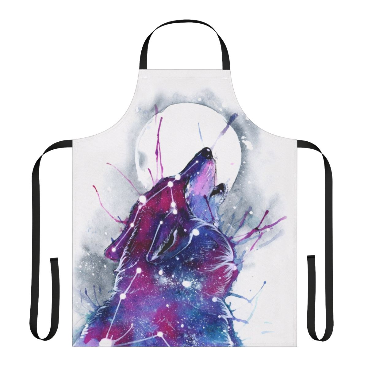 A high-quality apron featuring a vibrant galaxy and wolf design, perfect for cooking, baking, or any messy task.