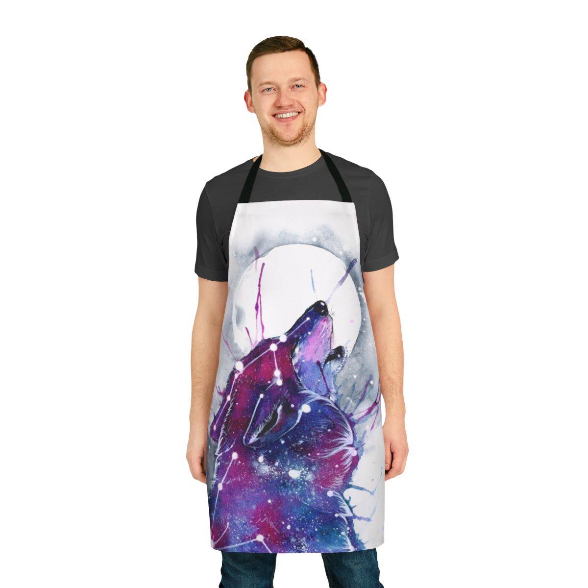 A high-quality apron featuring a vibrant galaxy and wolf design, perfect for cooking, baking, or any messy task.