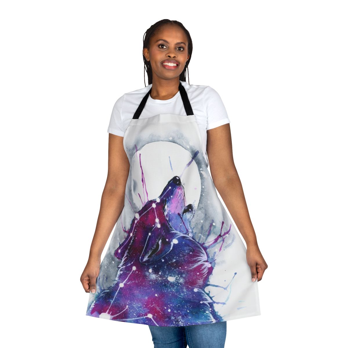 A high-quality apron featuring a vibrant galaxy and wolf design, perfect for cooking, baking, or any messy task.