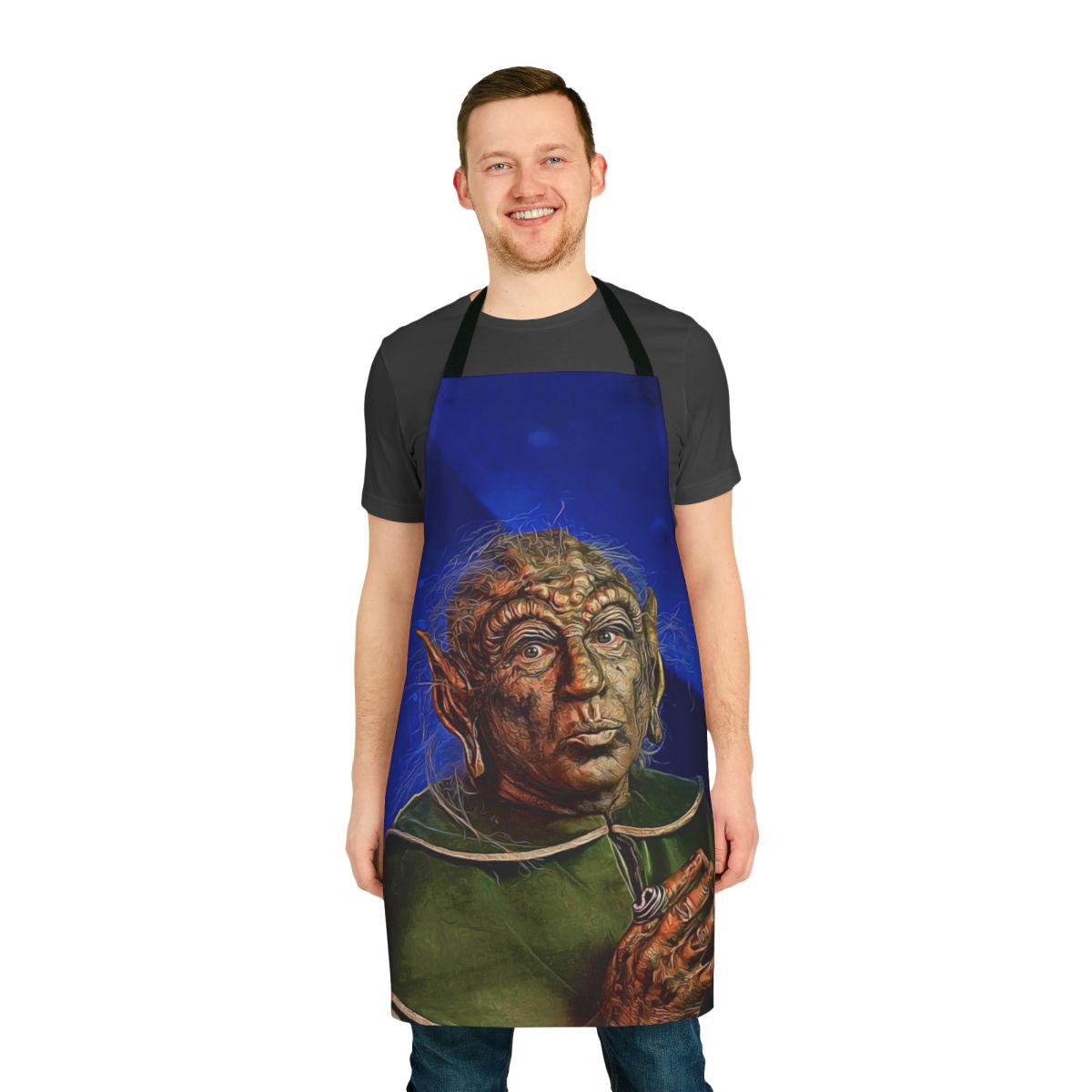 A vibrant, space-themed apron featuring a yogurt design, inspired by the iconic film Spaceballs.