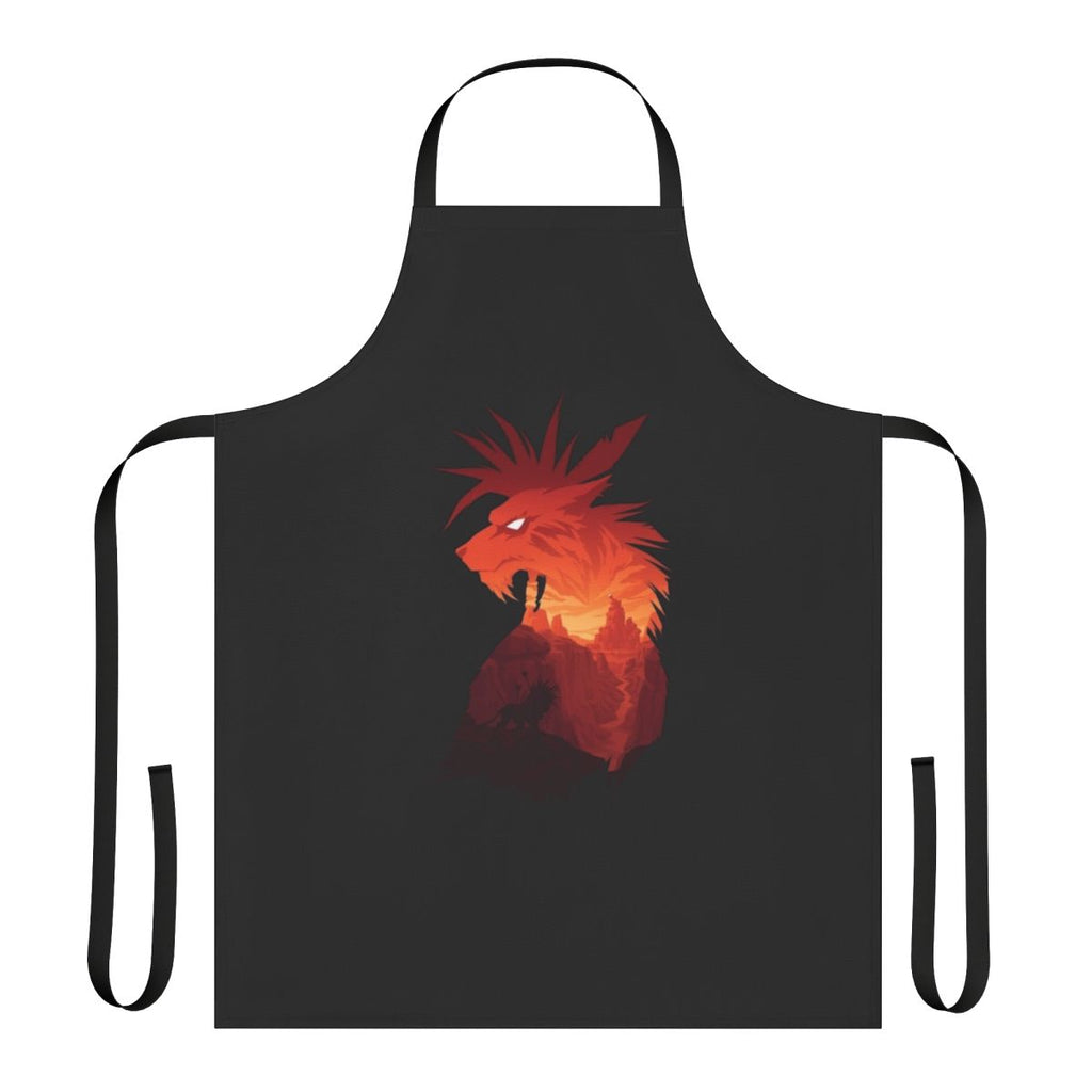 A black apron featuring design elements from the Final Fantasy series, including Red XIII and the Cosmo Canyon.