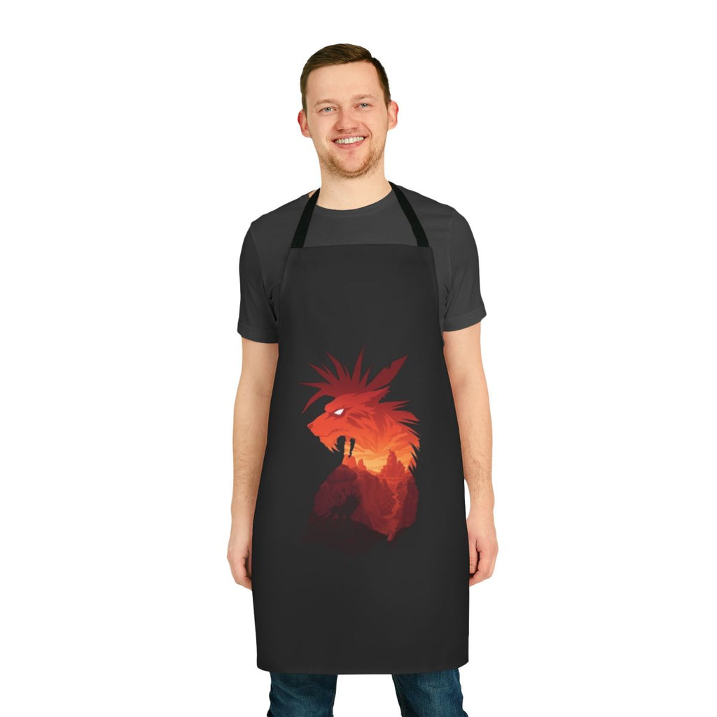 A black apron featuring design elements from the Final Fantasy series, including Red XIII and the Cosmo Canyon.