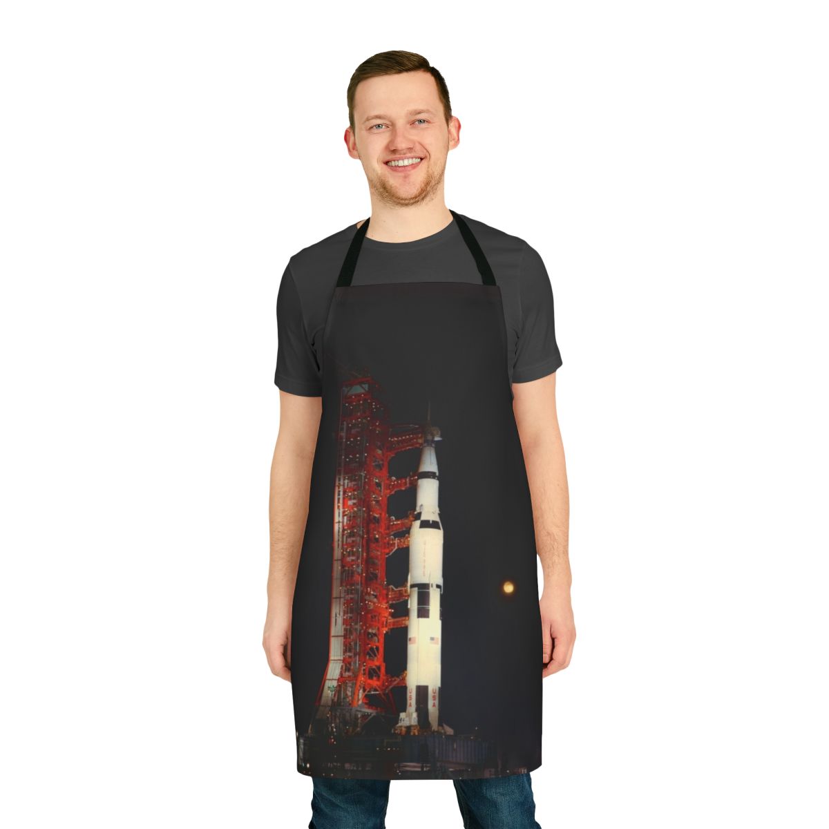 Retro-style apron with Apollo countdown and space-themed graphics