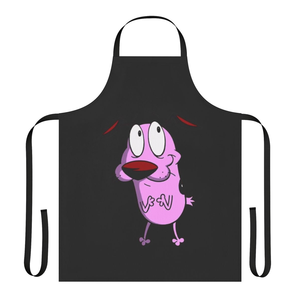 Courage the Cowardly Dog inspired apron with the iconic pink dog and Eustace and Muriel Bagge characters