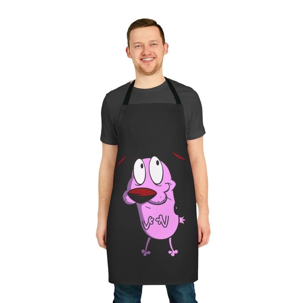Courage the Cowardly Dog inspired apron with the iconic pink dog and Eustace and Muriel Bagge characters