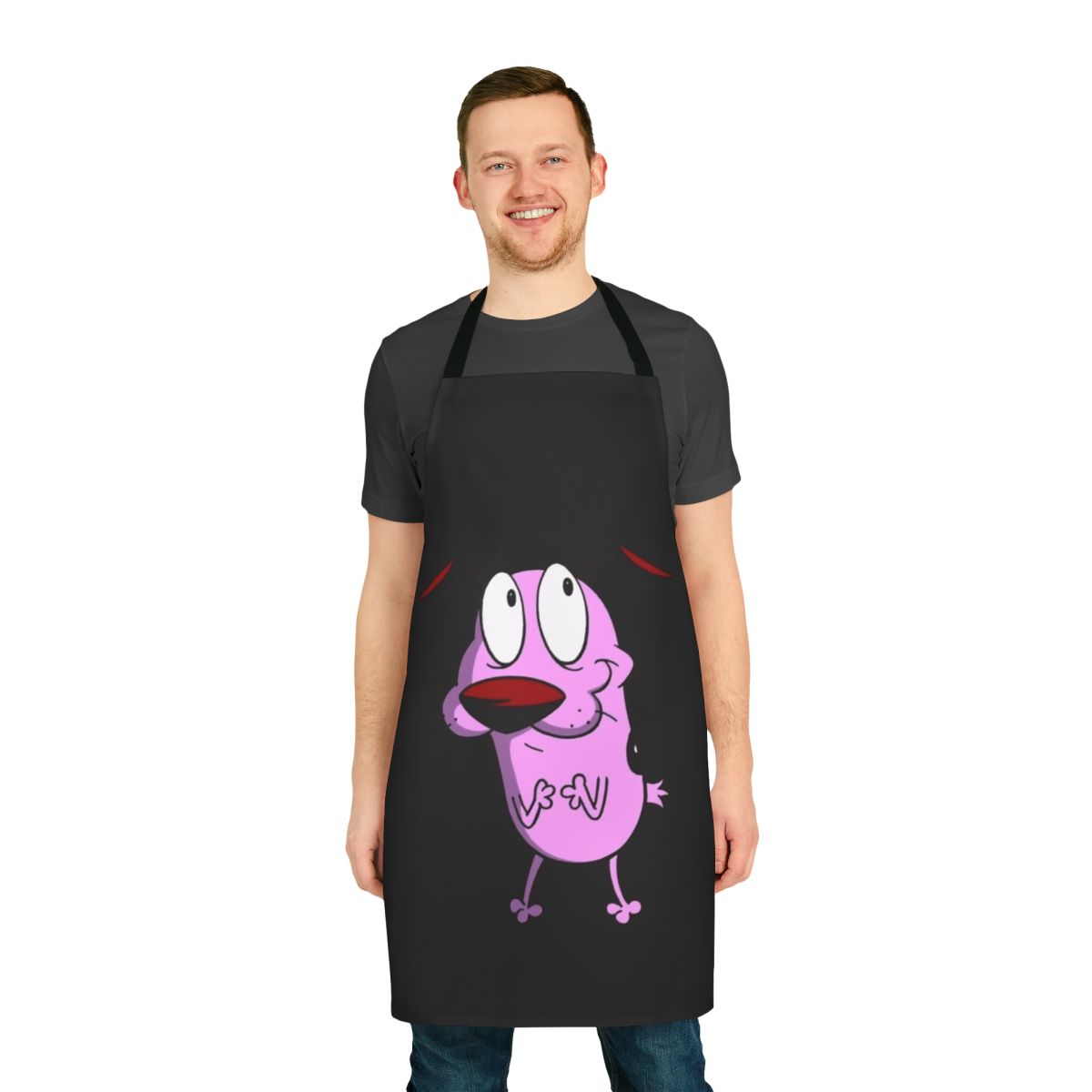 Courage the Cowardly Dog inspired apron with the iconic pink dog and Eustace and Muriel Bagge characters