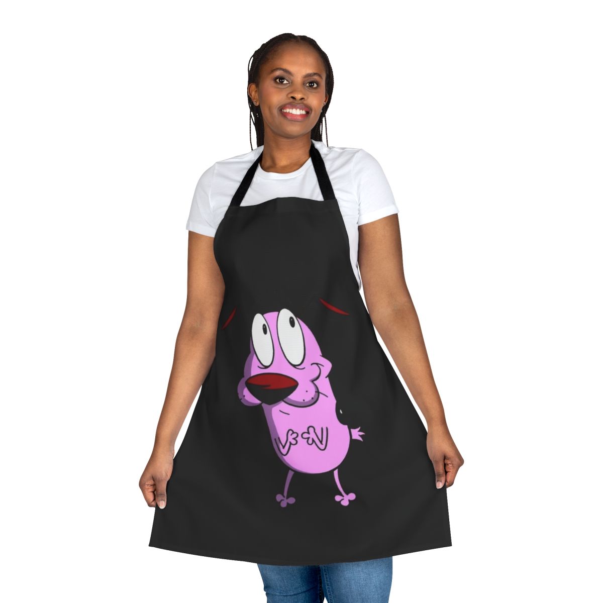 Courage the Cowardly Dog inspired apron with the iconic pink dog and Eustace and Muriel Bagge characters