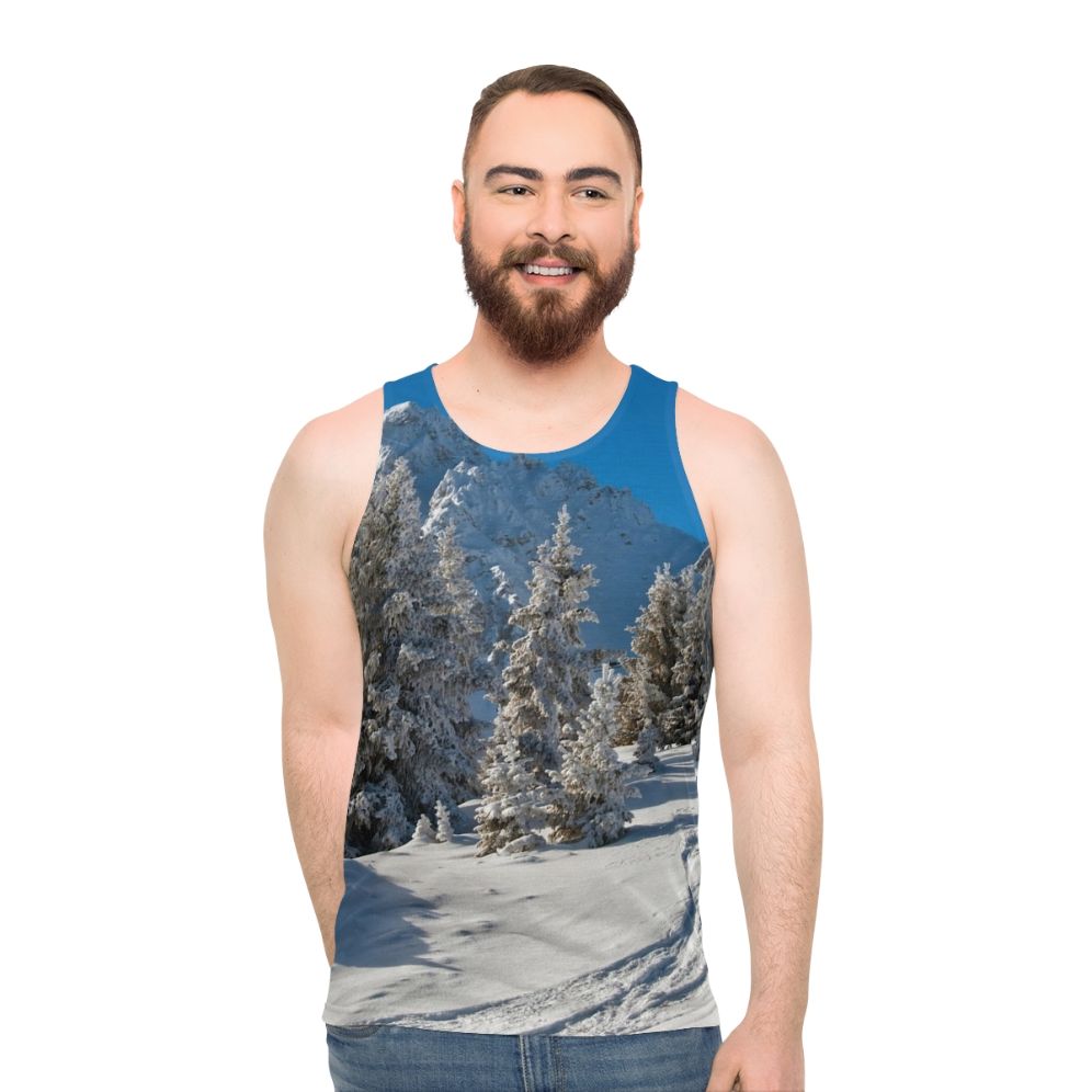 Courchevel 1850 unisex tank top with winter landscape in the French Alps