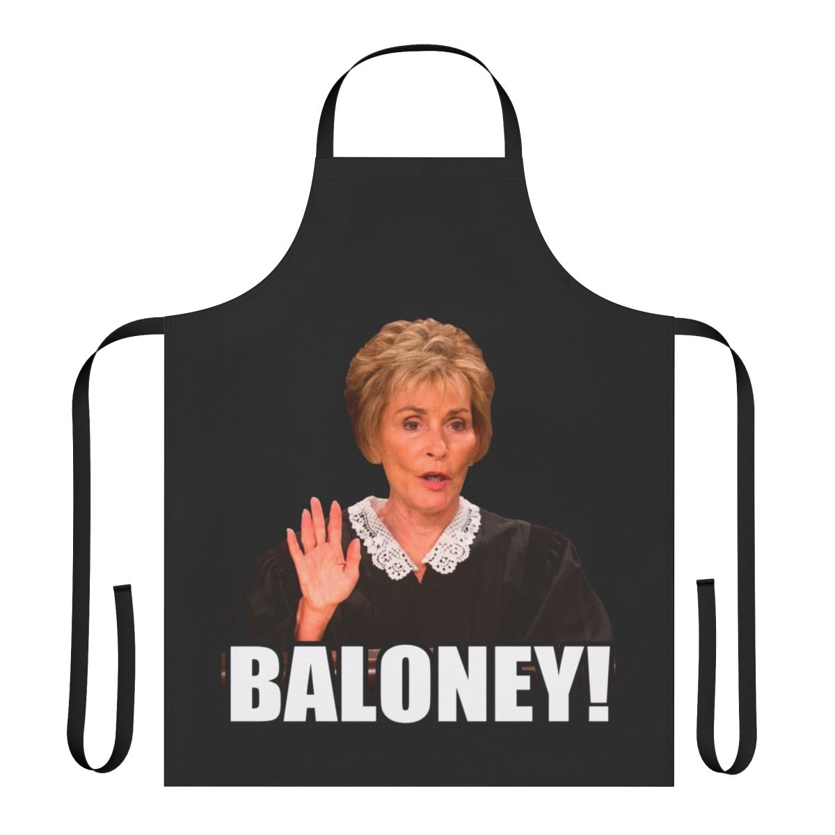 Playful apron featuring a "Judge Judy" style design, perfect for fans of the iconic TV court show.