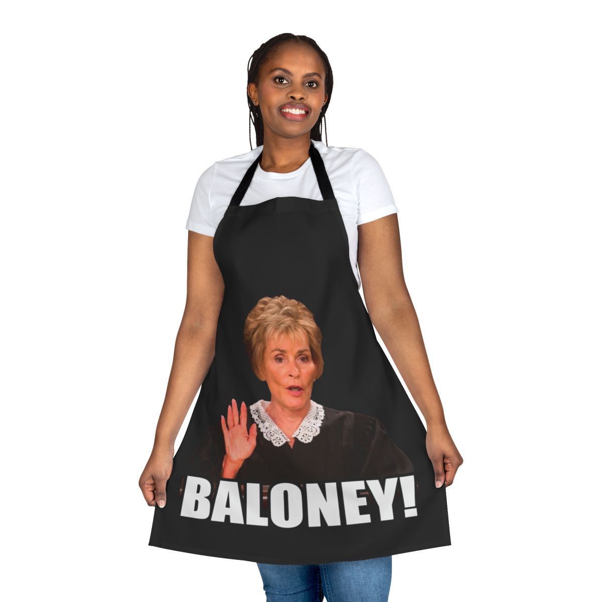 Playful apron featuring a "Judge Judy" style design, perfect for fans of the iconic TV court show.