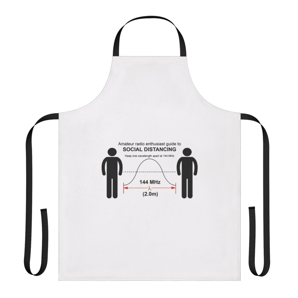 Amateur radio operator wearing a social distancing apron with ham radio and pandemic-related graphics.