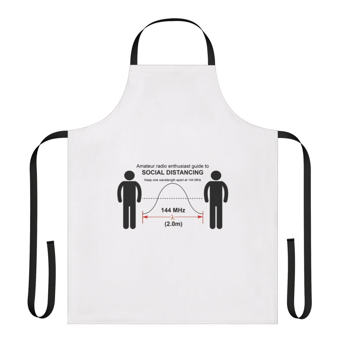 Amateur radio operator wearing a social distancing apron with ham radio and pandemic-related graphics.