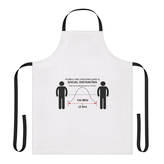 Amateur radio operator wearing a social distancing apron with ham radio and pandemic-related graphics.