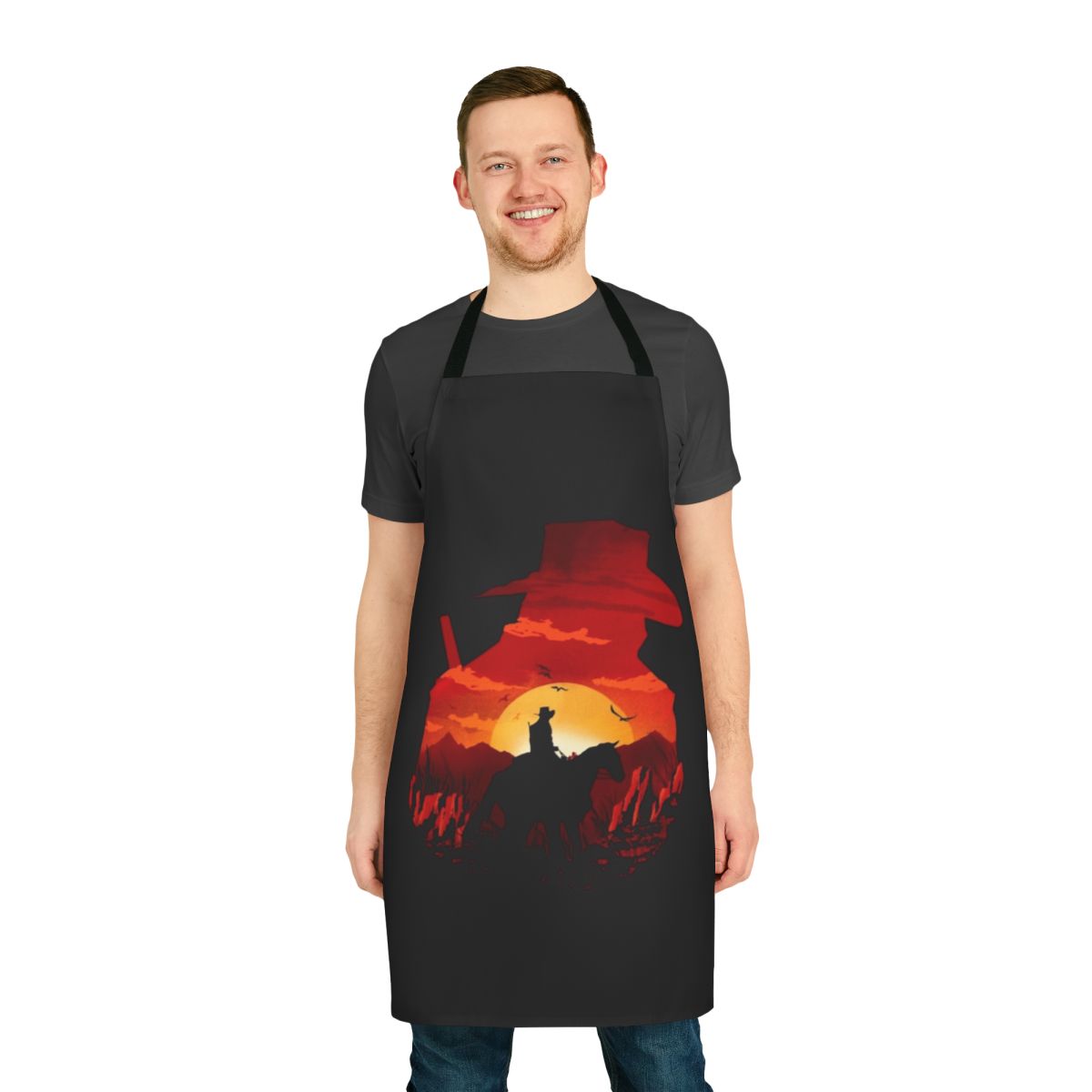 A red apron with a logo, perfect for fans of the Red Dead Redemption video game series.