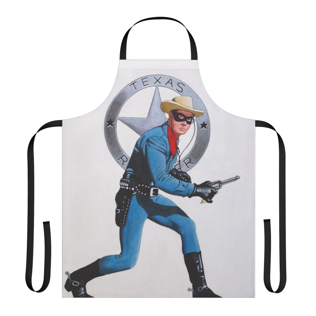 Cowboy-themed apron with an illustration of the Lone Ranger character Clayton Moore