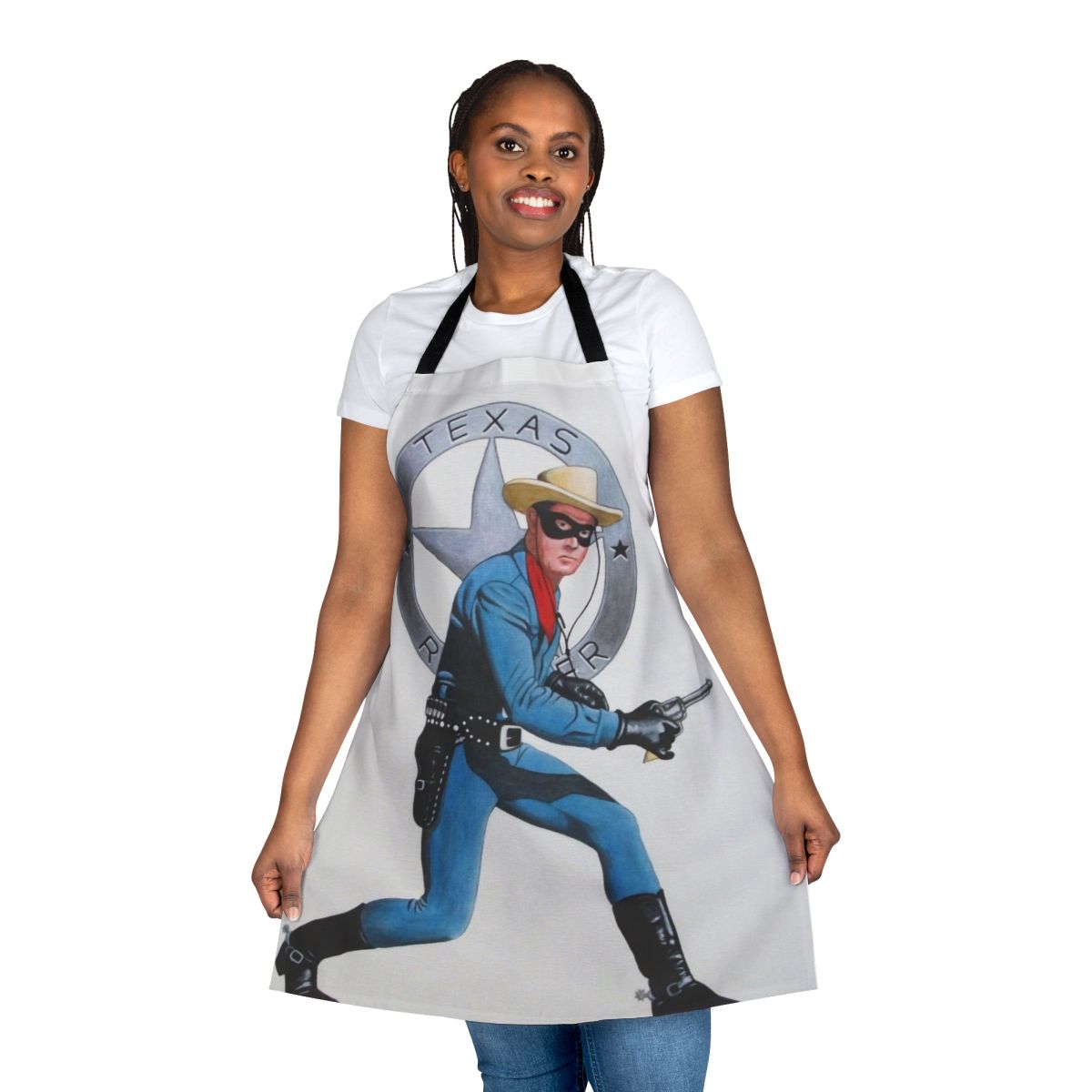 Cowboy-themed apron with an illustration of the Lone Ranger character Clayton Moore