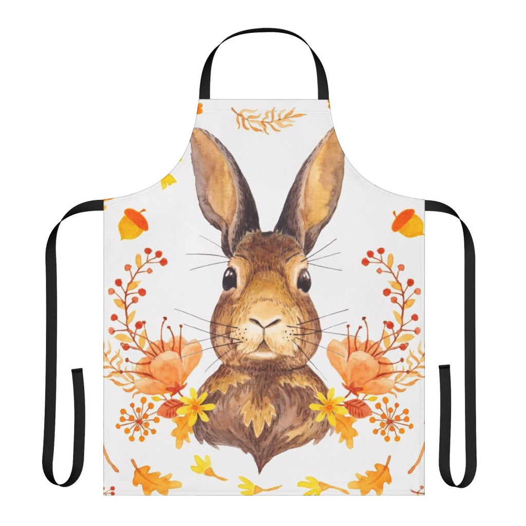 A watercolor-style illustration of a cute brown bunny on an orange apron with autumn leaves and flowers.