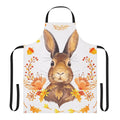 A watercolor-style illustration of a cute brown bunny on an orange apron with autumn leaves and flowers.