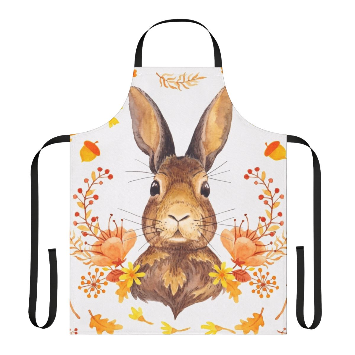 A watercolor-style illustration of a cute brown bunny on an orange apron with autumn leaves and flowers.