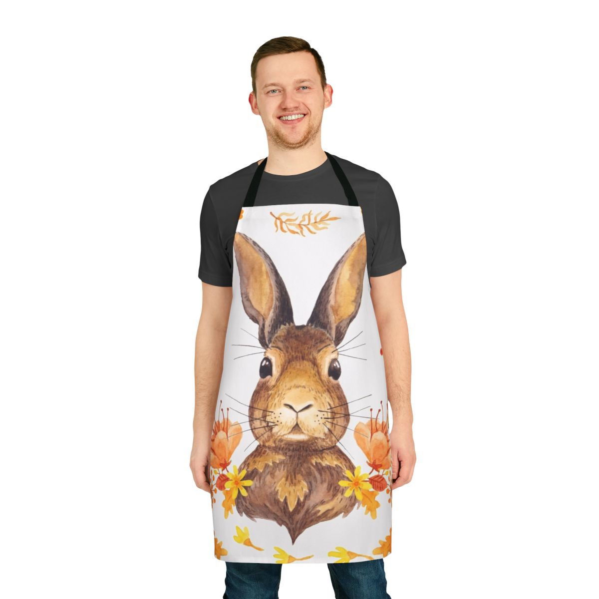 A watercolor-style illustration of a cute brown bunny on an orange apron with autumn leaves and flowers.