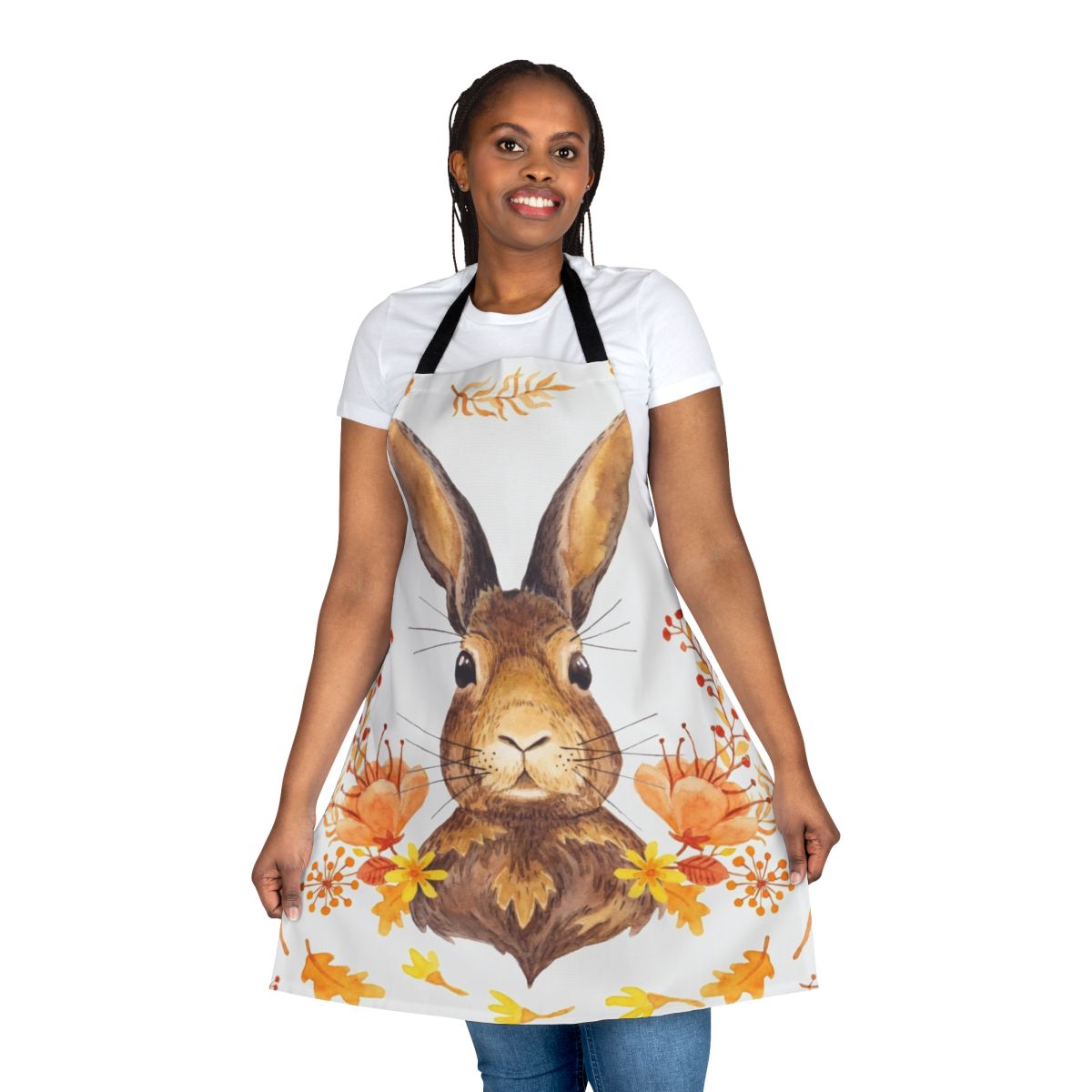 A watercolor-style illustration of a cute brown bunny on an orange apron with autumn leaves and flowers.