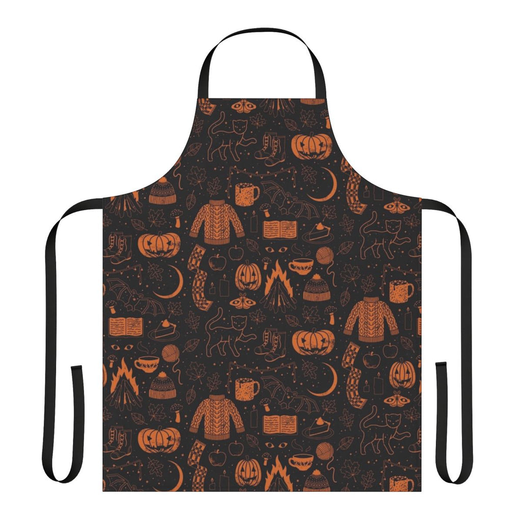 Autumn-themed Halloween apron with pumpkins, bats, and spooky design