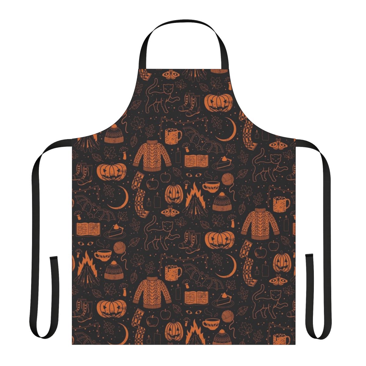 Autumn-themed Halloween apron with pumpkins, bats, and spooky design