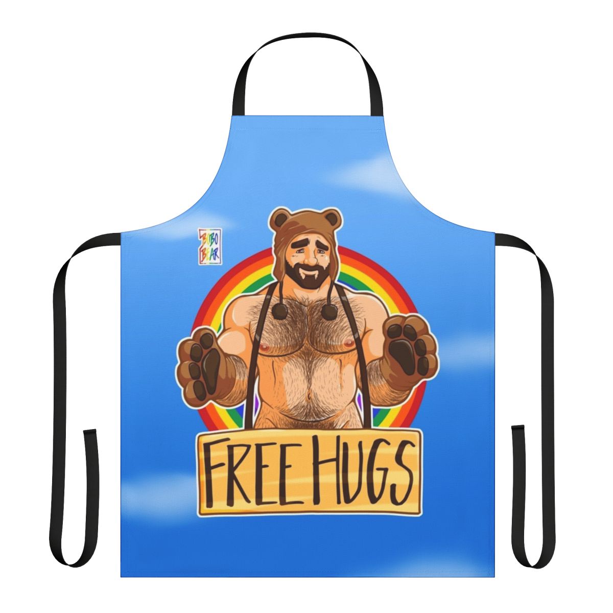 A colorful apron featuring a playful bear design, perfect for celebrating gay pride.