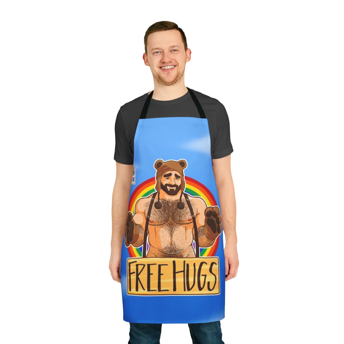 A colorful apron featuring a playful bear design, perfect for celebrating gay pride.