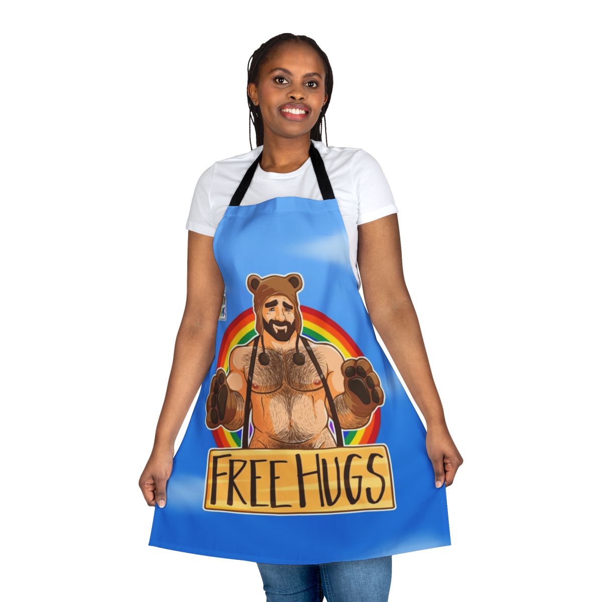 A colorful apron featuring a playful bear design, perfect for celebrating gay pride.