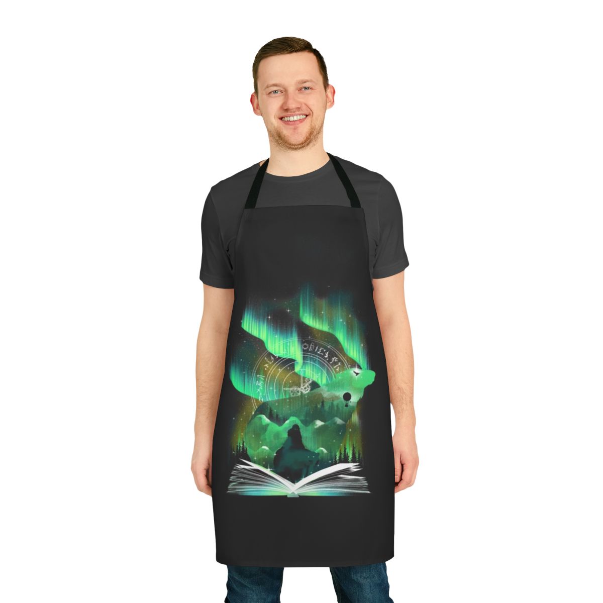 A stylish apron featuring a book-themed design, ideal for book lovers and avid readers.