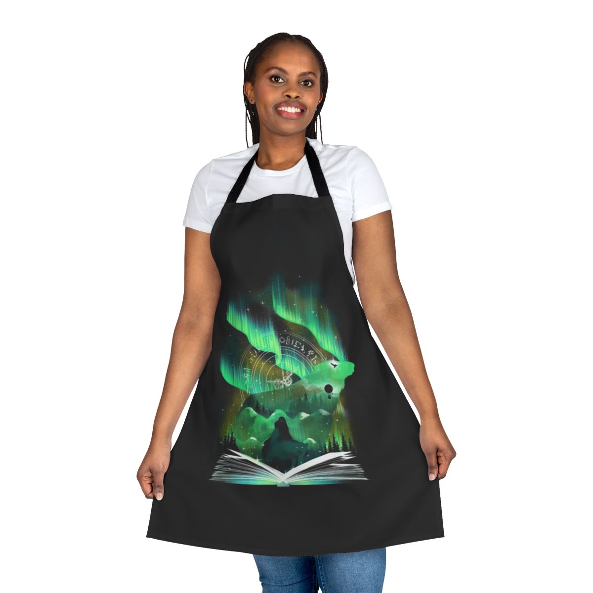 A stylish apron featuring a book-themed design, ideal for book lovers and avid readers.
