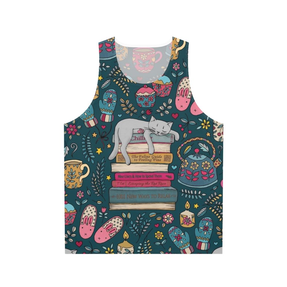 Cozy cat lover's unisex tank top for hibernating book worms