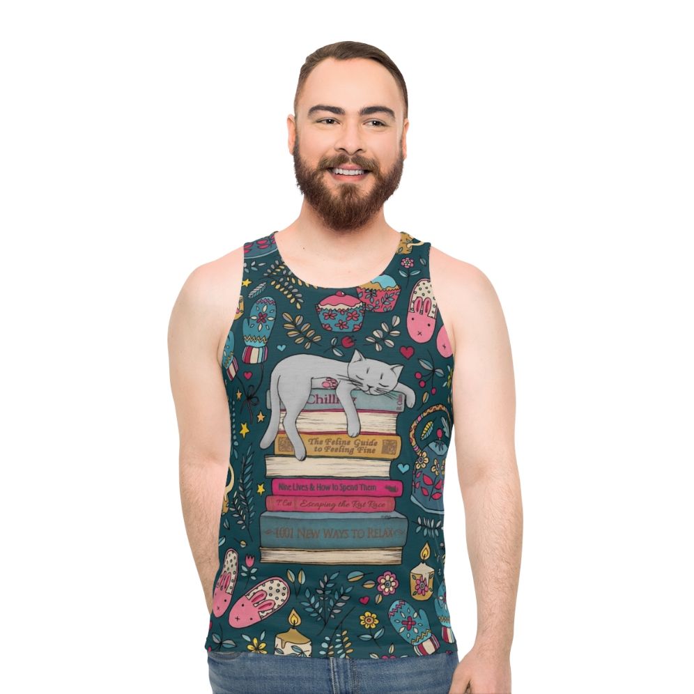 Cozy cat lover's unisex tank top for hibernating book worms