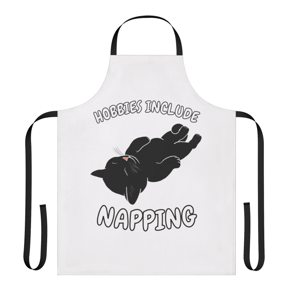 Apron featuring a black cat napping and the text "Hobbies Include Napping"