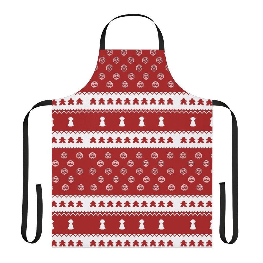A cozy holiday-themed apron with a playful board game and snowflake design.