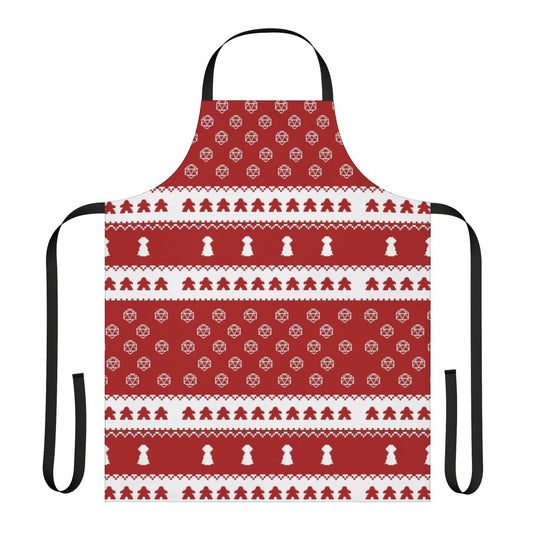 A cozy holiday-themed apron with a playful board game and snowflake design.