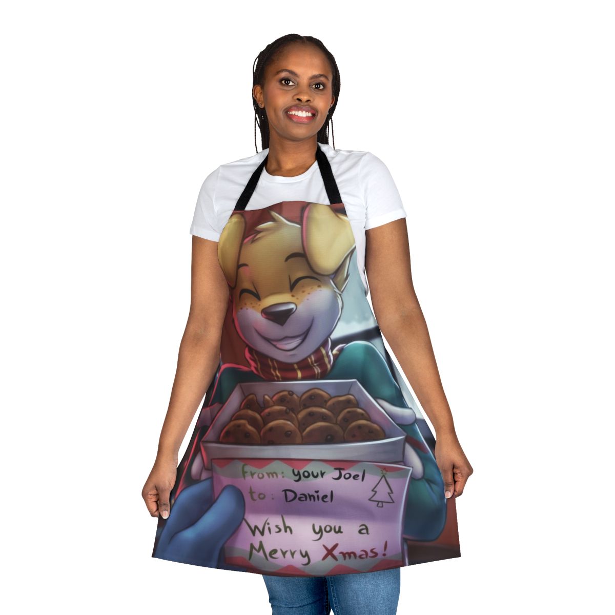 Festive Christmas apron with a charming pet design, perfect for holiday cooking and baking.