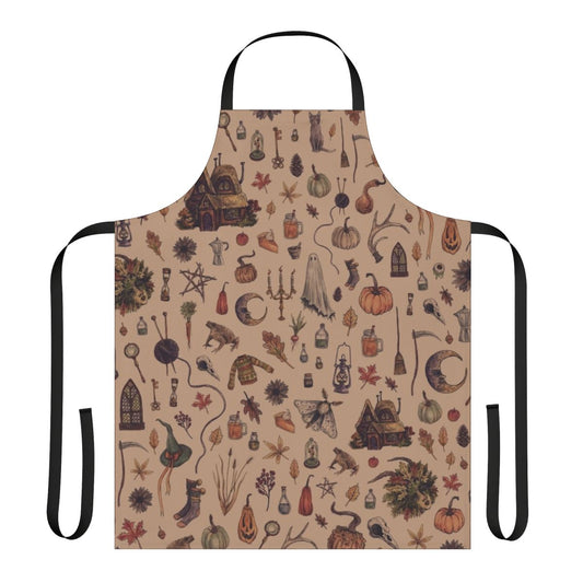 A rustic, brown apron with a cozy, crone-inspired design, perfect for the witchy, spooky, and gothic autumn harvest.
