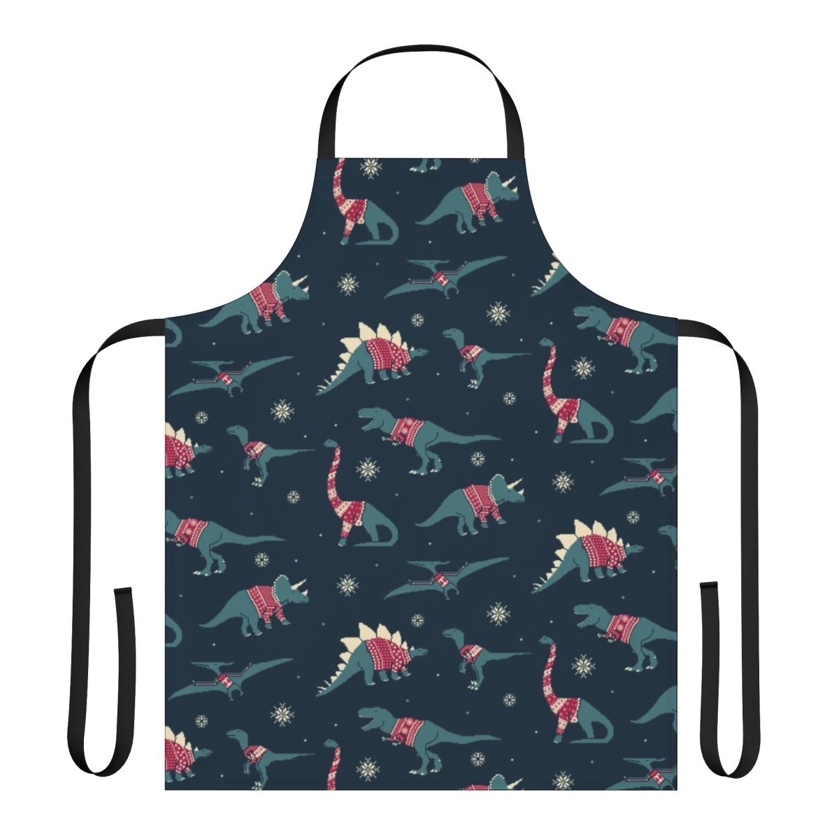 Apron with cute pixel art dinosaurs wearing colorful sweaters