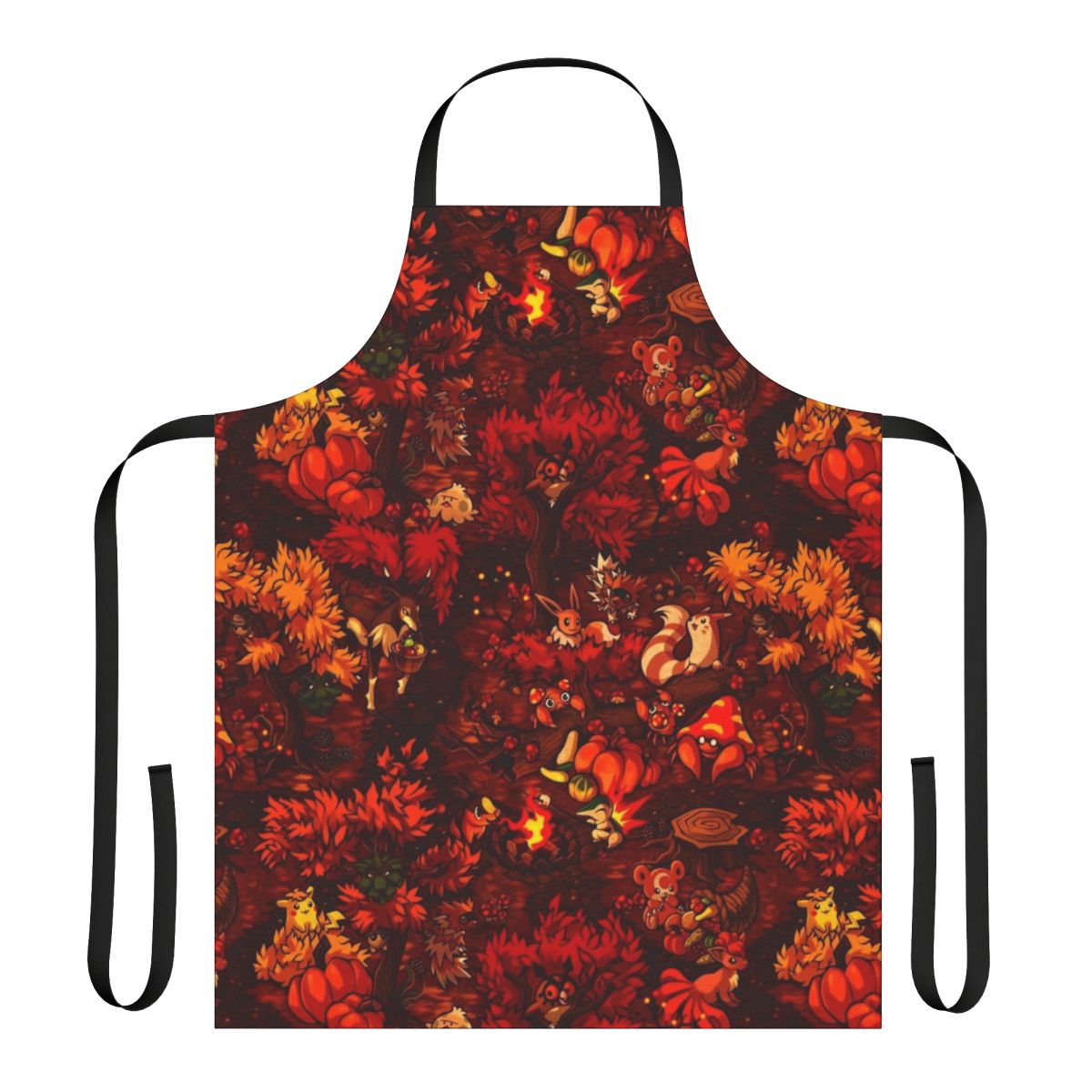 Cozy fall harvest apron with pumpkins, leaves, and forest elements
