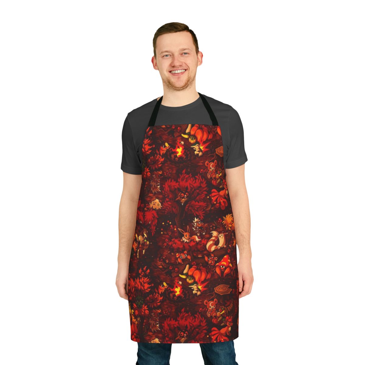 Cozy fall harvest apron with pumpkins, leaves, and forest elements