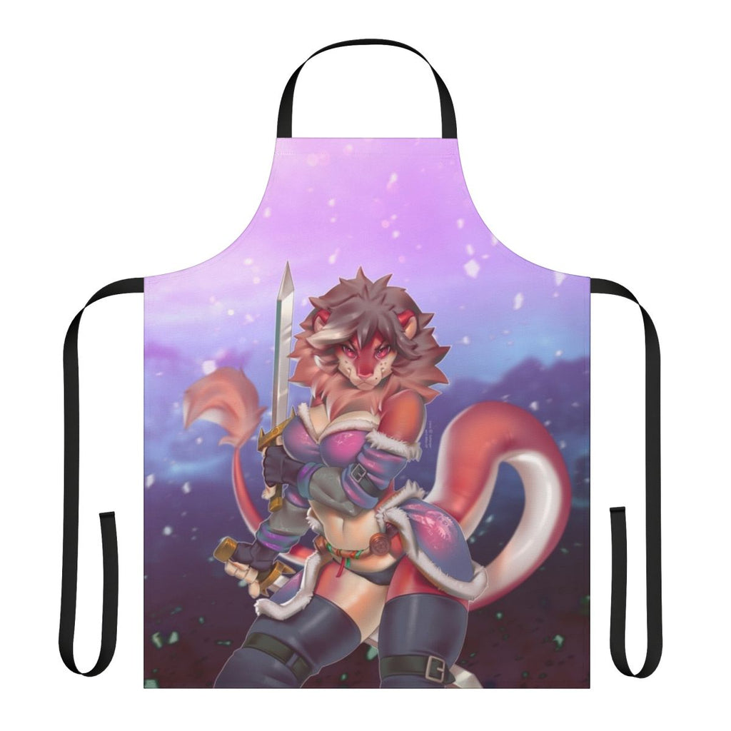 A cozy and fantastical apron featuring a furry, warrior-like girl in a winter setting.