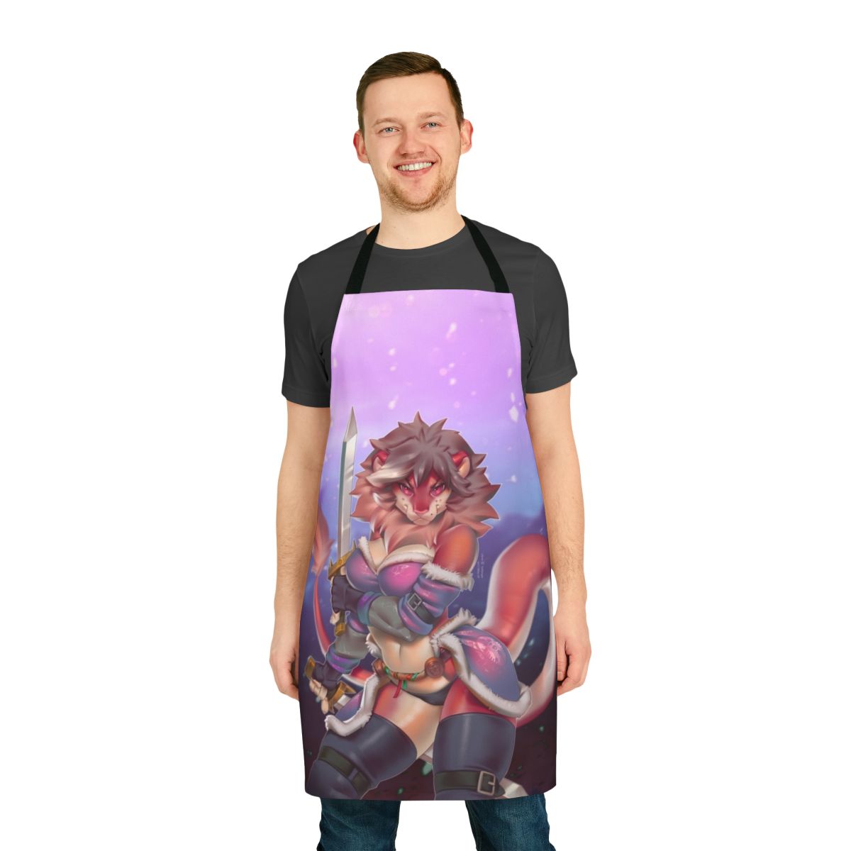 A cozy and fantastical apron featuring a furry, warrior-like girl in a winter setting.
