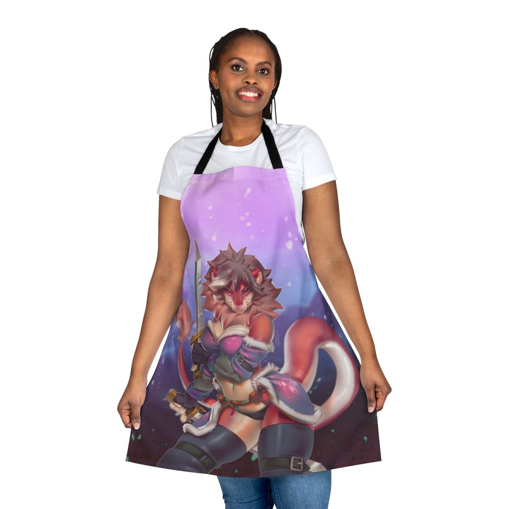 A cozy and fantastical apron featuring a furry, warrior-like girl in a winter setting.